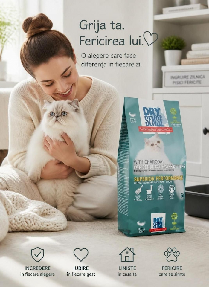Dry Sense asternut igienic cu carbon 6 L, ambalaj original, imagine lifestyle cu pisica si proprietar fericit
