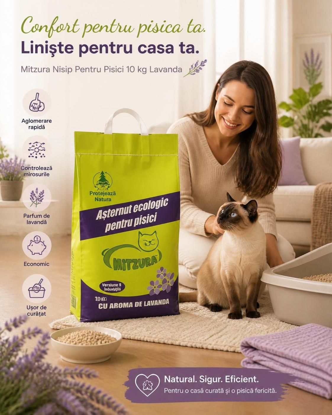 Mitzura Nisip Pentru Pisici 10 kg Lavanda în ambalaj original, prezentat într-un decor premium și homey, cu pisică Siamese relaxată și pictograme pentru aglomerare rapidă și controlul mirosurilor.