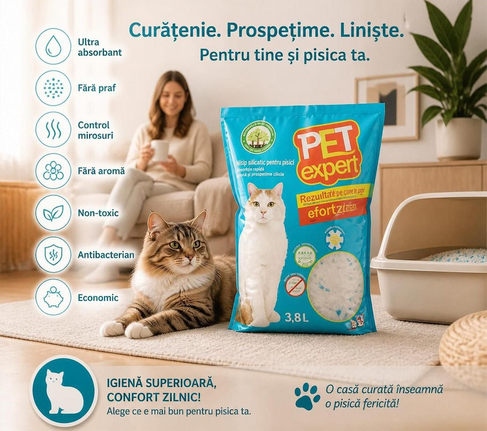 Pet Expert nisip silicatic pentru pisici 3.8 L, ambalaj original, prezentat într-un decor premium de interior, alături de o pisică relaxată.