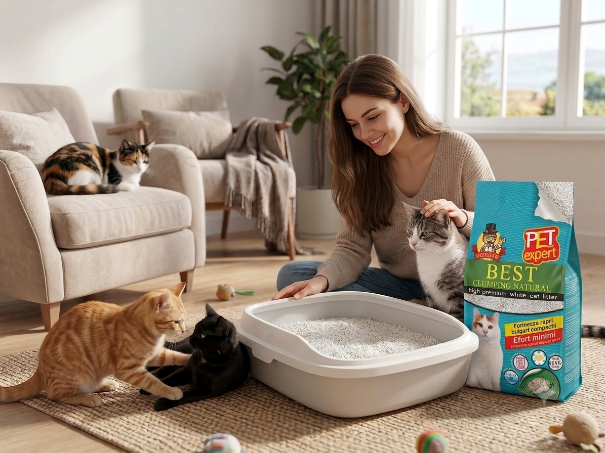 Femeie zambitoare petrecand timp cu mai multe pisici in living langa litiera si sacul de nisip Pet Expert Best Clumping Natural