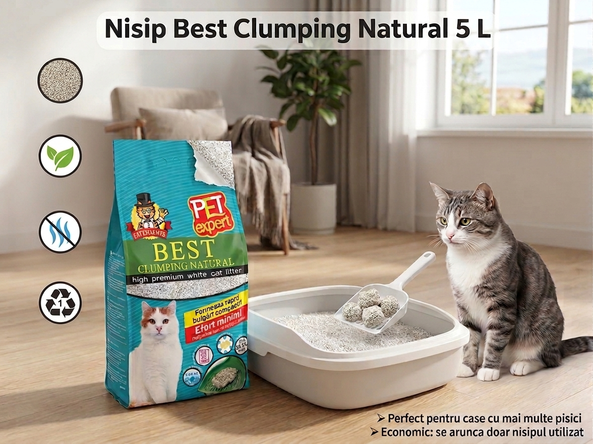 Imagine cu infografic de produs pentru nisip aglomerant Pet Expert Best Clumping Natural 5L cu litiera si pisica