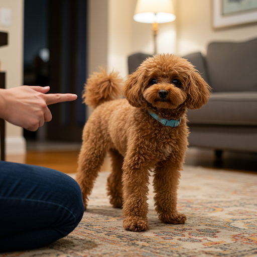 Câine Poodle dresat, ascultător și atent la comenzi. Imaginea prezintă un Poodle concentrat și cooperant, rezultat al unui dresaj eficient.