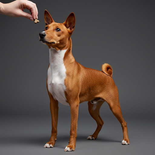 Basenji dresat, atent la comenzi și concentrat asupra dresorului. Imaginea evidențiază legătura strânsă dintre câine și dresor, esențială în procesul de dresaj.