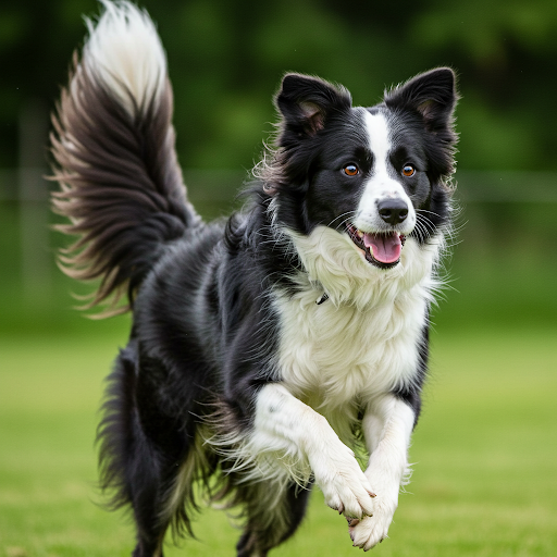 Border Collie dresat, plin de energie și entuziasm. Câinele demonstrează abilitățile sale, fiind un exemplu de succes în dresaj.