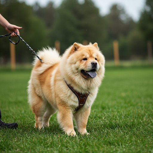 Câine Chow Chow dresat, rasă cu aspect impunător și blană bogată, demonstrând rezultatele unui dresaj eficient. Dresaj canin, obediență, Chow Chow, dresaj pozitiv.