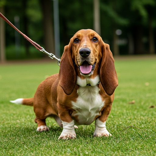 Câine Basset Hound dresat, rasă cu aspect distinctiv și personalitate blândă, demonstrând rezultatele unui dresaj eficient. Dresaj canin, obediență, Basset Hound, dresaj pozitiv.