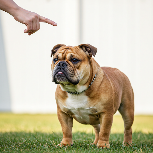 Un Bulldog Englez dresat, cu o personalitate calmă și prietenoasă, demonstrând rezultatele unui dresaj eficient.