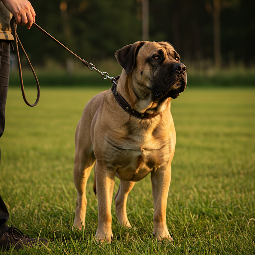 O fotografie a unui Mastiff frumos îngrijit, stând maiestuos într-un parc, prezentând impactul pozitiv al dresajului asupra comportamentului și aspectului său.