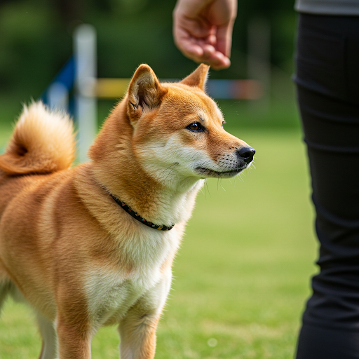 Shiba Inu dresat, cu o personalitate independentă și încrezătoare, demonstrând rezultatele unui dresaj eficient.