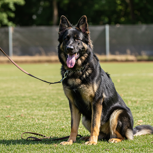 Câine German Shepherd dresat, ascultător și atent la comenzi. Imaginea prezintă un German Shepherd concentrat și cooperant, rezultat al unui dresaj eficient.