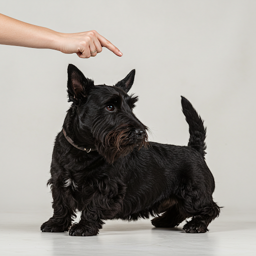 Scottish Terrier dresat, cu o personalitate independentă și încrezătoare, demonstrând rezultatele unui dresaj eficient.