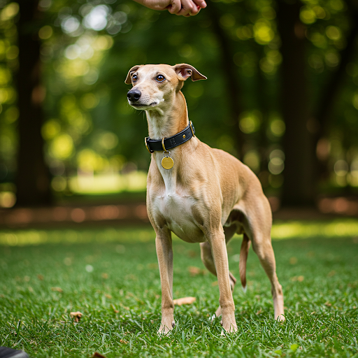Whippet atent în timpul unei sesiuni de dresaj în parc, concentrat asupra comenzilor primite.