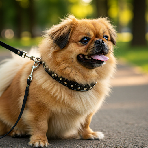 Câine Pekingese dresat, rasă cu aspect regal și personalitate independentă, demonstrând rezultatele unui dresaj eficient.