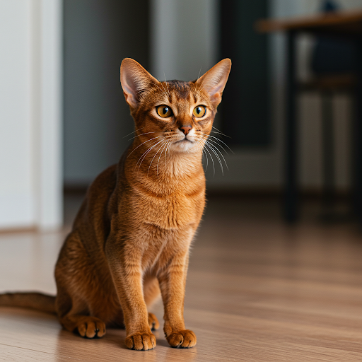 O pisică abisiniană atentă, cu o blană distinctivă și o constituție elegantă, concentrându-se asupra unui indiciu sau comandă.