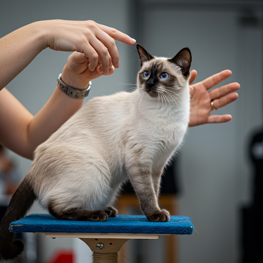 Pisică siameză în timpul unei sesiuni de dresaj, ascultând comenzile dresorului – antrenament comportamental pozitiv pentru pisici.