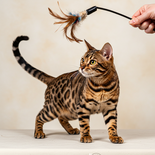 Pisica bengaleza atenta la o jucarie pentru dresaj.