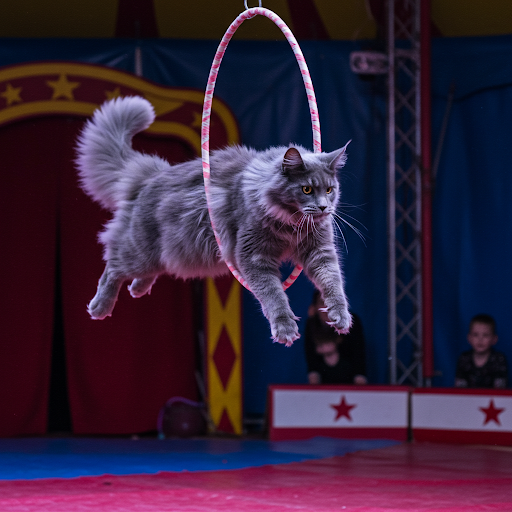 Pisica Maine Coon dresata care sare prin mijlocul unui cerc.