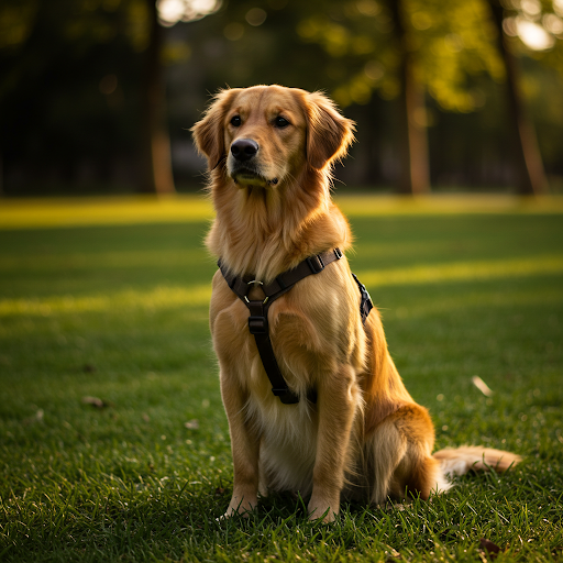 Golden Retriever dresat, atent la comenzi și concentrat asupra dresorului. Imaginea evidențiază legătura strânsă dintre câine și dresor, esențială în procesul de dresaj.