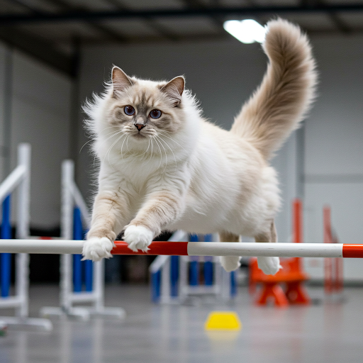 Pisica Ragdoll dresata care sare peste o bara de lemn.