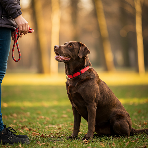 Labrador Retriever dresat, atent la comenzi și concentrat asupra dresorului. Imaginea evidențiază legătura strânsă dintre câine și dresor, esențială în procesul de dresaj.