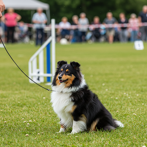 Câine Shetland Sheepdog dresat, ascultător și atent la comenzi. Imaginea prezintă un Shetland Sheepdog concentrat și cooperant, rezultat al unui dresaj eficient.