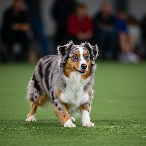 Câine Australian Shepherd dresat, ascultător și atent la comenzi. Imaginea prezintă un Australian Shepherd concentrat și cooperant, rezultat al unui dresaj eficient.