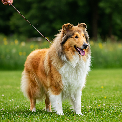 Câine Collie dresat, ascultător și atent la comenzi. Imaginea prezintă un Collie concentrat și cooperant, rezultat al unui dresaj eficient.