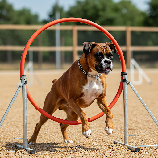 Boxer dresat, demonstrând inteligența și capacitatea de a învăța comenzi complexe. Câinele execută o sarcină, evidențiind succesul dresajului.